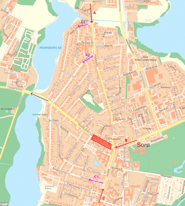 Kortfoto med markeringer af mulige omkørselsruter